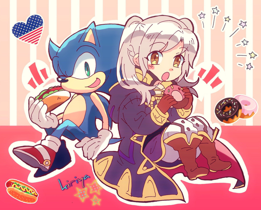 1boy 1girl animal blue_eyes blush cape crossover donut female_my_unit_(fire_emblem:_kakusei) fire_emblem fire_emblem:_kakusei flag_print food furry girl gloves heart hedgehog highres hot_dog human intelligent_systems kiriya_(552260) long_hair looking_at_viewer mamkute my_unit_(fire_emblem:_kakusei) nintendo reflet robin_(fire_emblem) robin_(fire_emblem)_(female) sega shoes silver_hair simple_background smile solo sonic sonic_the_hedgehog sora_(company) super_smash_bros. super_smash_bros._ultimate super_smash_bros_brawl super_smash_bros_for_wii_u_and_3ds twintails white_hair