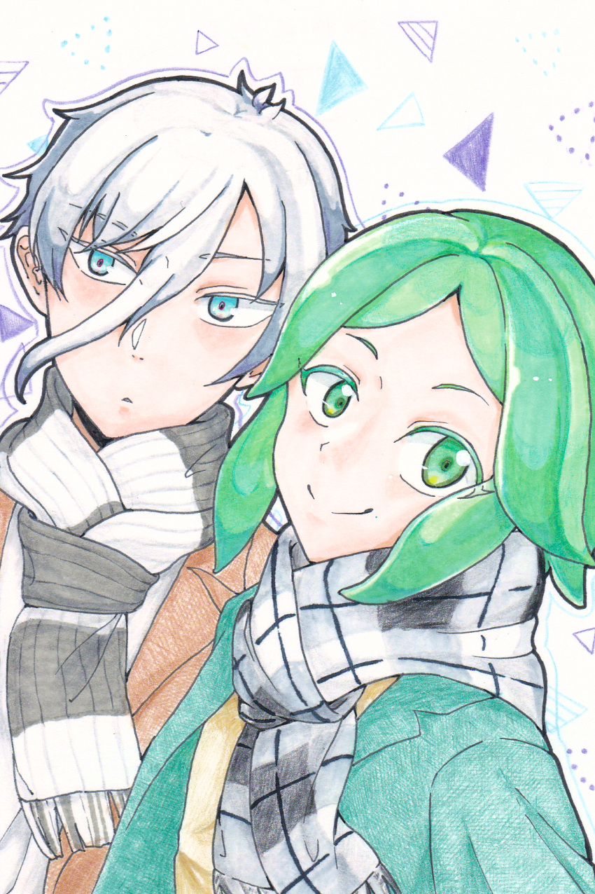 2others alternate_costume androgynous antarcticite blue_eyes coat colored_eyelashes contemporary eyebrows_visible_through_hair green_eyes green_hair highres houseki_no_kuni long_bangs looking_at_viewer multiple_others phosphophyllite scarf short_hair smile traditional_media upper_body white_hair winter_clothes