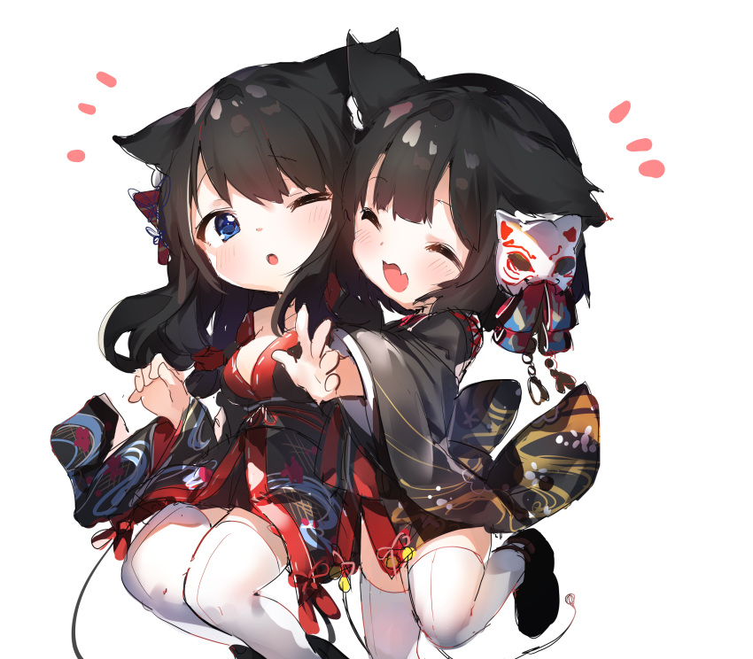 2girls ^_^ animal_ears azur_lane bangs black_hair blue_eyes blush breasts cat_ears cleavage closed_eyes eyebrows_visible_through_hair fang full_body highres japanese_clothes long_hair looking_at_another looking_at_viewer multiple_girls one_eye_closed outstretched_arms simple_background smile umibouzu_(niito) white_background