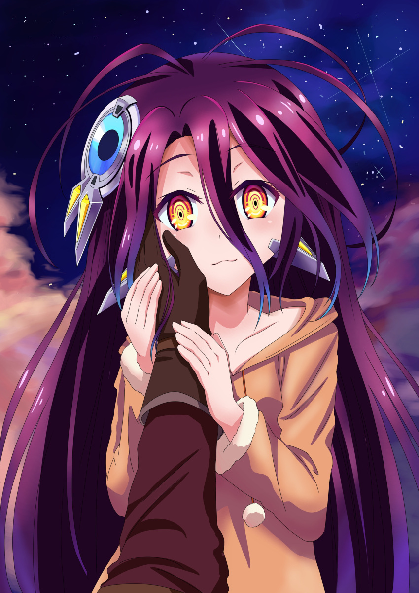 1girl absurdres brown_gloves brown_sweater clouds collarbone freekenji422 gloves hair_between_eyes hand_on_another's_cheek hand_on_another's_face highres long_hair looking_at_viewer no_game_no_life outdoors purple_hair shuvi_(no_game_no_life) sky smile star_(sky) starry_sky sweater very_long_hair yellow_eyes