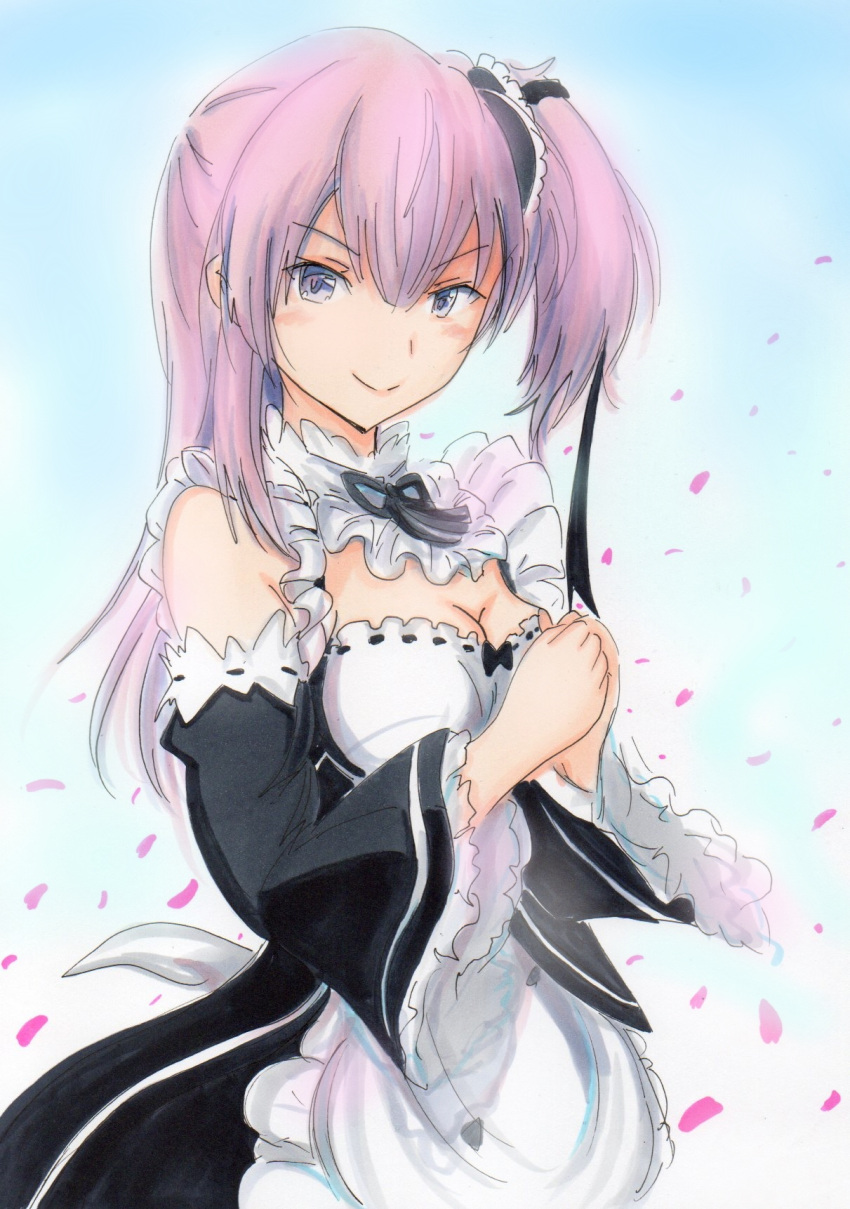 1girl alternate_costume bangs cosplay enmaided eyebrows_visible_through_hair highres holding looking_at_viewer maid marker_(medium) millipen_(medium) pink_eyes pink_hair potekite re:zero_kara_hajimeru_isekai_seikatsu rem_(re:zero) rem_(re:zero)_(cosplay) side_ponytail smile solo toji_no_miko traditional_media tsubakuro_yume