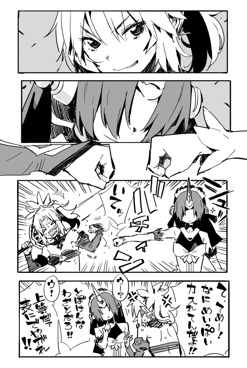 &gt;_&lt; 2girls bare_shoulders bloopers bridal_veil comic commentary_request detached_sleeves fate/grand_order fate_(series) fist_bump frankenstein's_monster_(fate) greyscale grin hair_over_eyes highres holding holding_sword holding_weapon horn imigimuru looking_at_another monochrome mordred_(fate) mordred_(fate)_(all) multiple_girls open_mouth ponytail sharp_teeth smile sparkle sweat sword teeth translation_request veil weapon