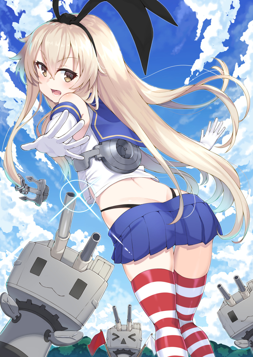 &gt;_&lt; 1girl :3 absurdres anchor_hair_ornament ass bangs black_panties black_ribbon blonde_hair blue_skirt brown_eyes clouds cloudy_sky commentary day diffraction_spikes elbow_gloves foreshortening from_behind gloves hair_ornament hair_ribbon highleg highleg_panties highres joker_(tomakin524) kantai_collection long_hair looking_at_viewer looking_back microskirt midriff open_mouth panties reaching red_legwear rensouhou-chan ribbon sailor_collar shimakaze_(kantai_collection) shirt signal_flag skindentation skirt sky sleeveless sleeveless_shirt solo standing striped striped_legwear thigh-highs thigh_gap thong underwear v-shaped_eyebrows white_gloves white_shirt
