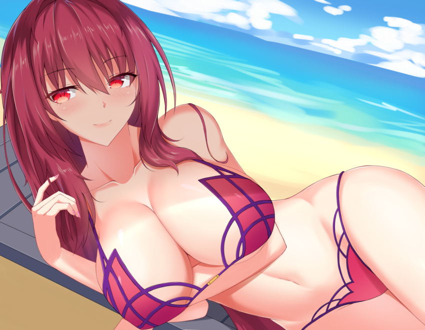 1girl bangs bare_shoulders beach bikini blush breasts cleavage collarbone eyebrows_visible_through_hair fate/grand_order fate_(series) feng_mouren hips large_breasts long_hair looking_at_viewer navel ocean purple_bikini purple_hair red_eyes scathach_(fate/grand_order) scathach_(swimsuit_assassin)_(fate) smile solo swimsuit waist