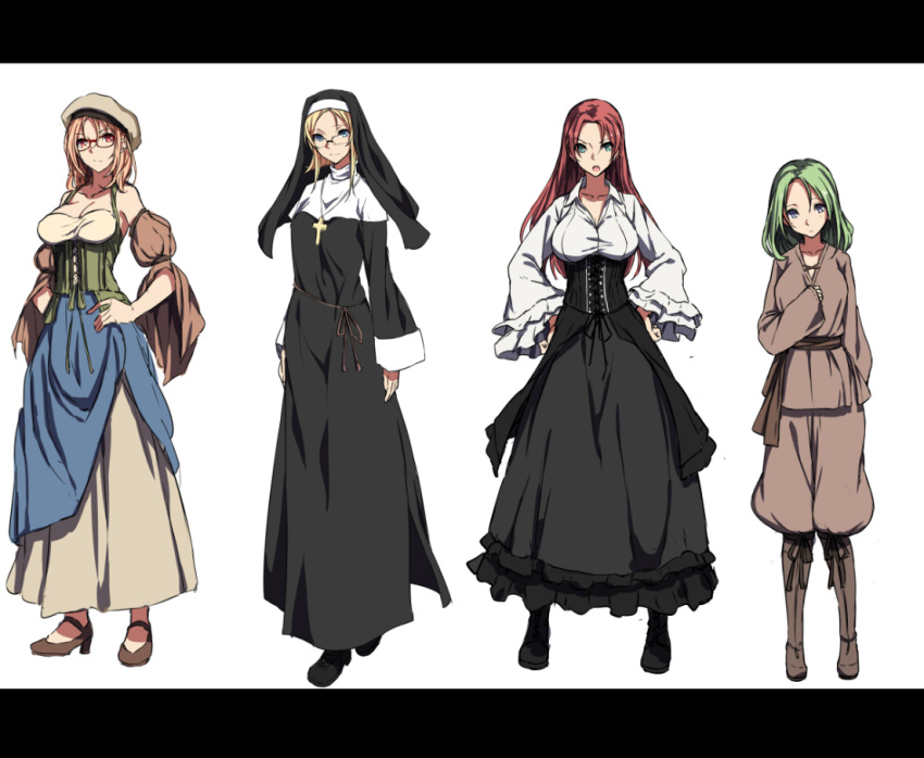 4girls aqua_eyes bare_shoulders blonde_hair boots breasts collarbone corset cross detached_sleeves full_body green_eyes green_hair hands_on_hips high_heels jewelry large_breasts long_hair multiple_girls necklace nun original redhead sblack smile standing white_background
