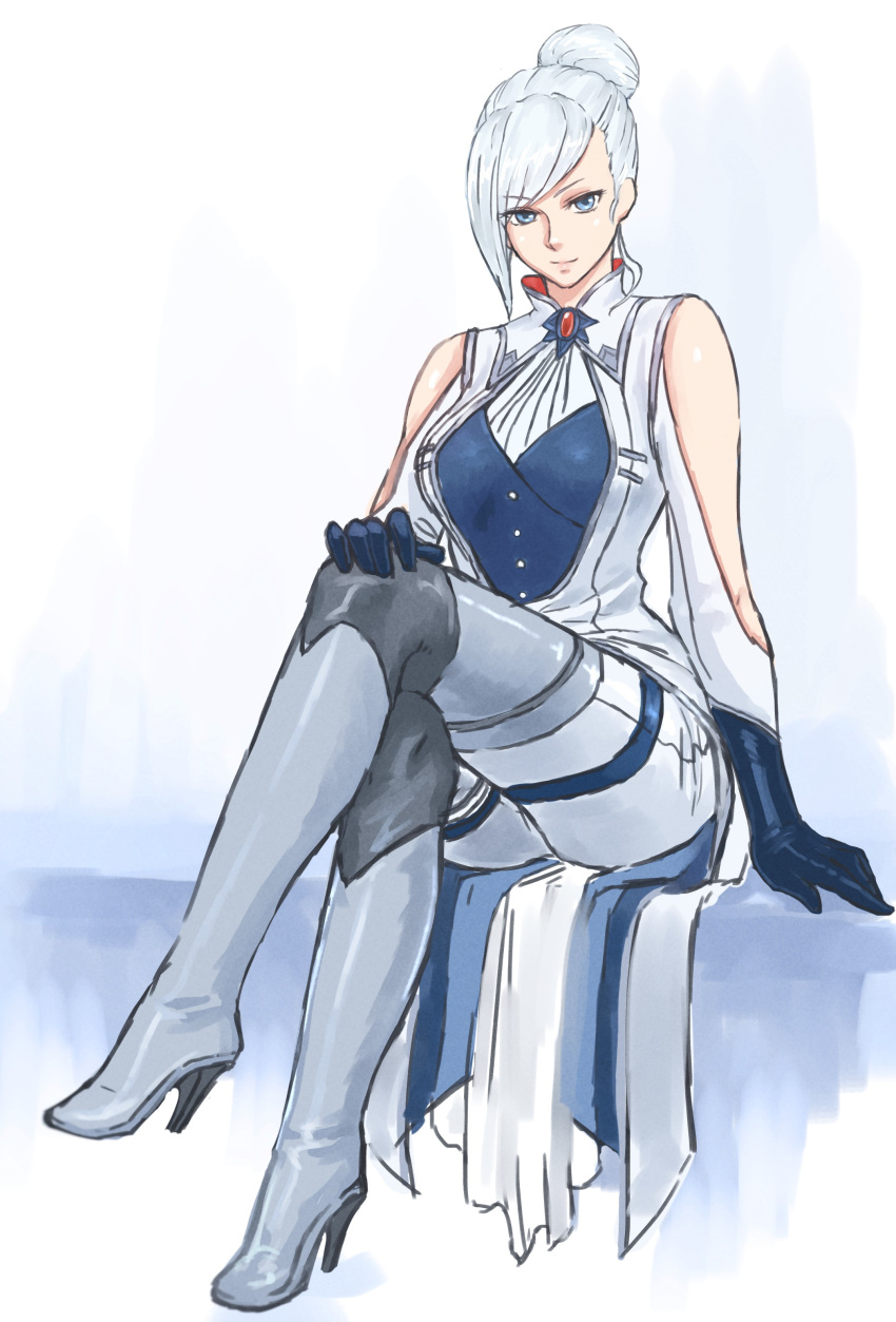 absurdres bare_shoulders blue_eyes boots drill_(emilio) gloves hair_bun high_heel_boots high_heels highres legs_crossed rwby silver_hair thigh-highs thigh_boots white_background winter_schnee