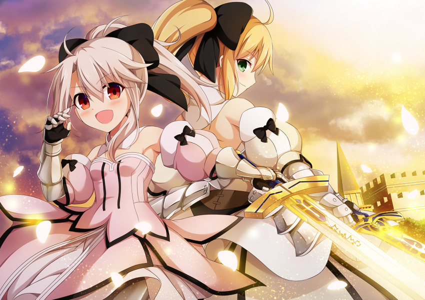 2girls :d ahoge artoria_pendragon_(all) back-to-back black_ribbon blonde_hair blush caliburn clouds commentary cosplay detached_collar detached_sleeves dress excalibur fate_(series) gauntlets green_eyes hair_between_eyes hair_ribbon highres illyasviel_von_einzbern long_hair morokoshi_(tekku) multiple_girls open_mouth ponytail puffy_sleeves red_eyes ribbon saber_lily saber_lily_(cosplay) smile sword weapon white_hair