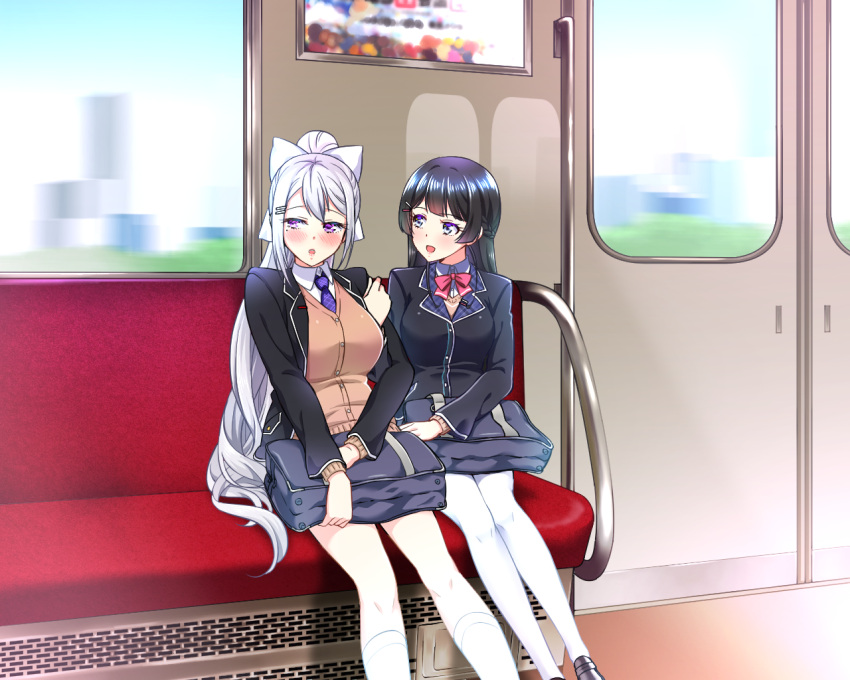 2girls :d bag black_blazer black_footwear black_hair blazer blue_sky blurry blurry_background blush bow bowtie braid breasts brown_cardigan cardigan collared_shirt commentary_request day depth_of_field hair_ornament hairclip high_ponytail higuchi_kaede jacket kneehighs large_breasts loafers long_hair medium_breasts multiple_girls necktie nijisanji open_blazer open_clothes open_jacket open_mouth pantyhose parted_lips pink_neckwear ponytail purple_neckwear school_bag school_uniform shirihime shirt shoes sidelocks silver_hair sitting sky smile train_interior tsukino_mito very_long_hair violet_eyes virtual_youtuber white_legwear white_shirt window
