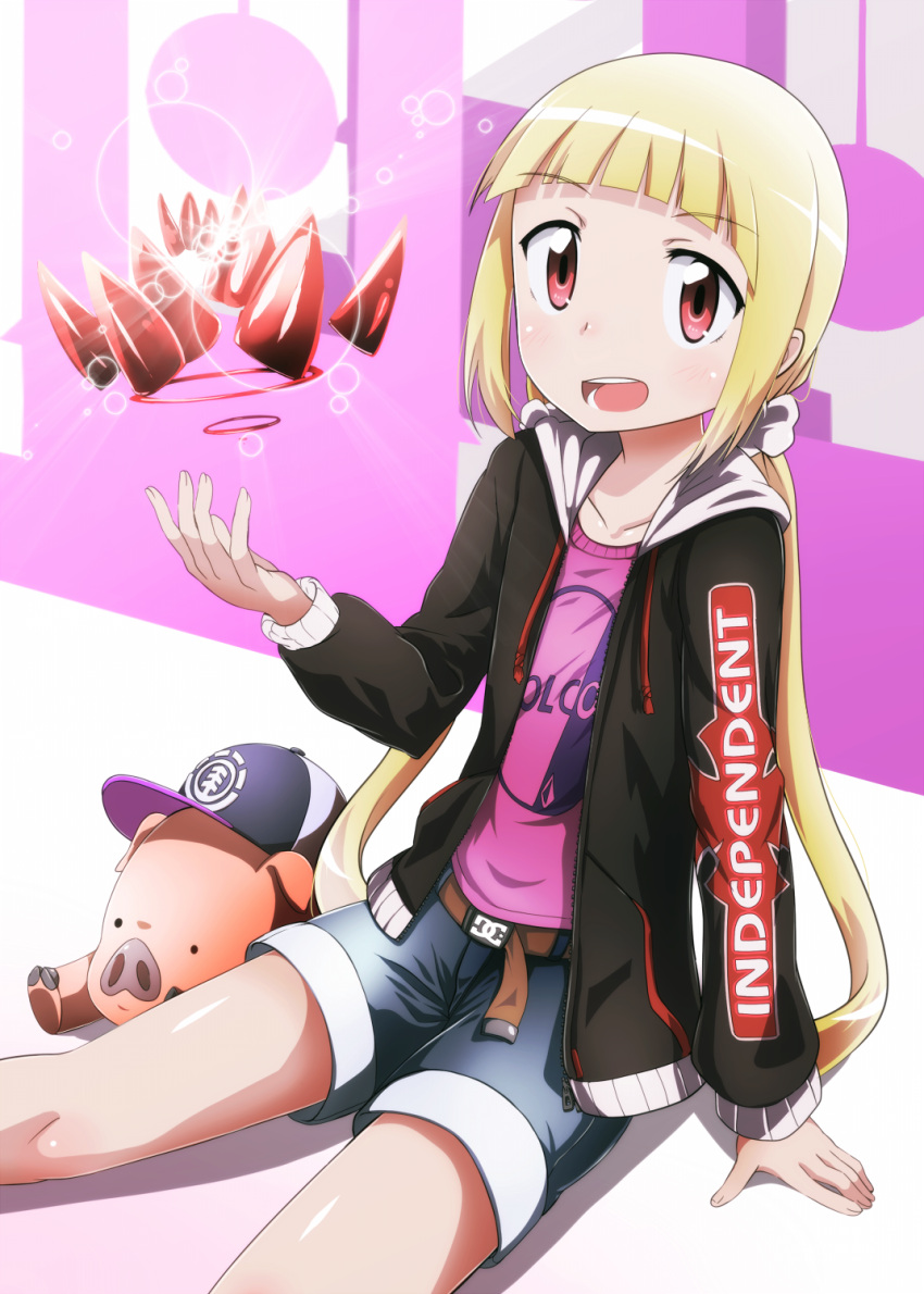1girl alice_to_zouroku arm_at_side bangs baseball_cap belt black_jacket blonde_hair blue_shorts blunt_bangs blush brown_belt clothes_writing collarbone elbow_gloves eyebrows eyebrows_visible_through_hair fingernails gloves hair_ornament hair_scrunchie hand_up hat highres jacket kashimura_sana legs_apart long_hair long_sleeves looking_at_viewer low_twintails open_clothes open_jacket open_mouth pig pink_shirt purple_hat red_eyes scrunchie shirt shorts sitting solo tareme teeth tom_(drpow) tongue twintails unzipped very_long_hair white_scrunchie zipper