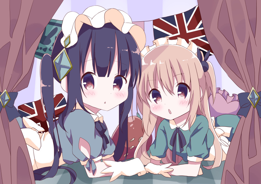 2girls absurdres apron bangs black_hair blush brown_eyes bunny_hair_ornament collared_dress commentary_request curtains dress eyebrows_visible_through_hair food frilled_pillow frills fruit gloves green_dress hair_between_eyes hair_ornament hamada_pengin highres light_brown_hair lolita_fashion long_hair looking_at_viewer looking_to_the_side lying maid_headdress multiple_girls on_stomach original parted_lips pillow print_pillow puffy_short_sleeves puffy_sleeves short_sleeves strawberry twintails union_jack waist_apron white_apron white_gloves