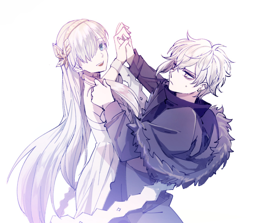 1boy 1girl anastasia_(fate/grand_order) blue_eyes dancing dress fate/grand_order fate_(series) fur_trim hair_over_one_eye hairband hand_holding hand_on_another's_shoulder jacket kadoc_zemlupus long_hair looking_at_another ribbon silver_hair tsengyun white_background yellow_eyes