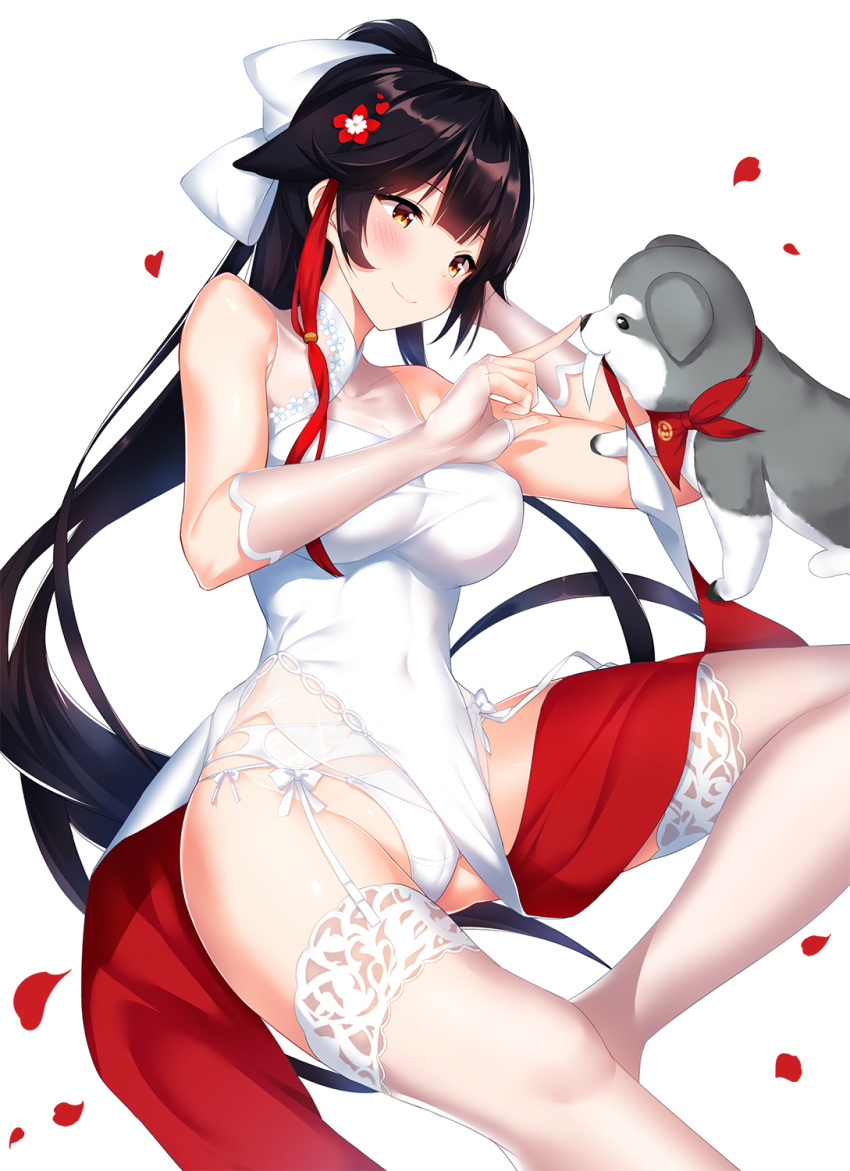 1girl arm_support azur_lane bangs bare_shoulders blunt_bangs bow breasts china_dress chinese_clothes closed_mouth cocona covered_navel dress elbow_gloves fingerless_gloves flower garter_belt gloves hair_bow hair_flaps hair_flower hair_ornament heart highres kerchief large_breasts long_hair lying on_back panties pantyshot pantyshot_(lying) petals petting ponytail see-through shawl simple_background sleeveless sleeveless_dress smile solo takao_(azur_lane) thigh-highs thighs underwear very_long_hair white_background white_bow white_dress white_gloves white_legwear white_panties