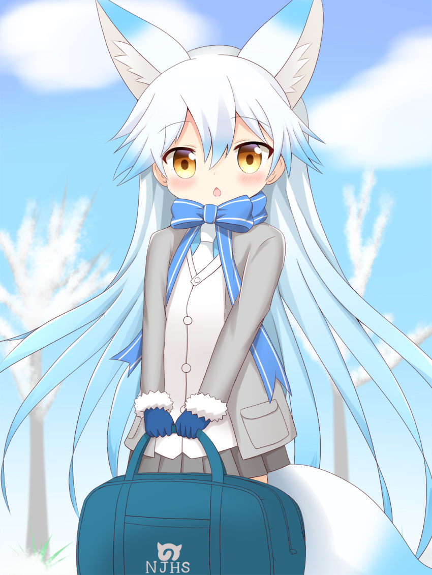 1girl animal_ears bag bangs blue_bow blue_gloves blue_hair blue_shirt blue_sky blurry blurry_background blush bow brown_eyes chestnut_mouth clouds commentary_request day depth_of_field eyebrows_visible_through_hair fox_ears fox_girl fox_tail fur-trimmed_sleeves fur_trim gloves grey_jacket grey_skirt hair_between_eyes highres holding holding_bag jacket japari_symbol kemono_friends long_hair long_sleeves looking_at_viewer necktie open_clothes open_jacket outdoors parted_lips pleated_skirt shin01571 shiroi-kitakitsune_(kemono_friends) shirt skirt sky solo striped striped_bow tail very_long_hair vest white_neckwear white_vest