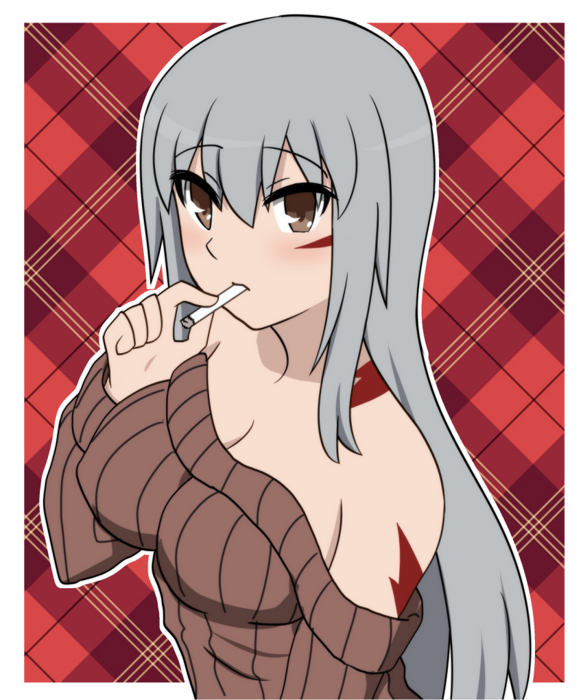 1girl alternate_costume blush bokota_(bokobokota) breasts cigarette eyebrows_visible_through_hair facial_scar gangut_(kantai_collection) grey_hair hair_between_eyes highres kantai_collection large_breasts long_hair long_sleeves looking_at_viewer remodel_(kantai_collection) ribbed_sweater scar scar_on_cheek smoking solo sweater