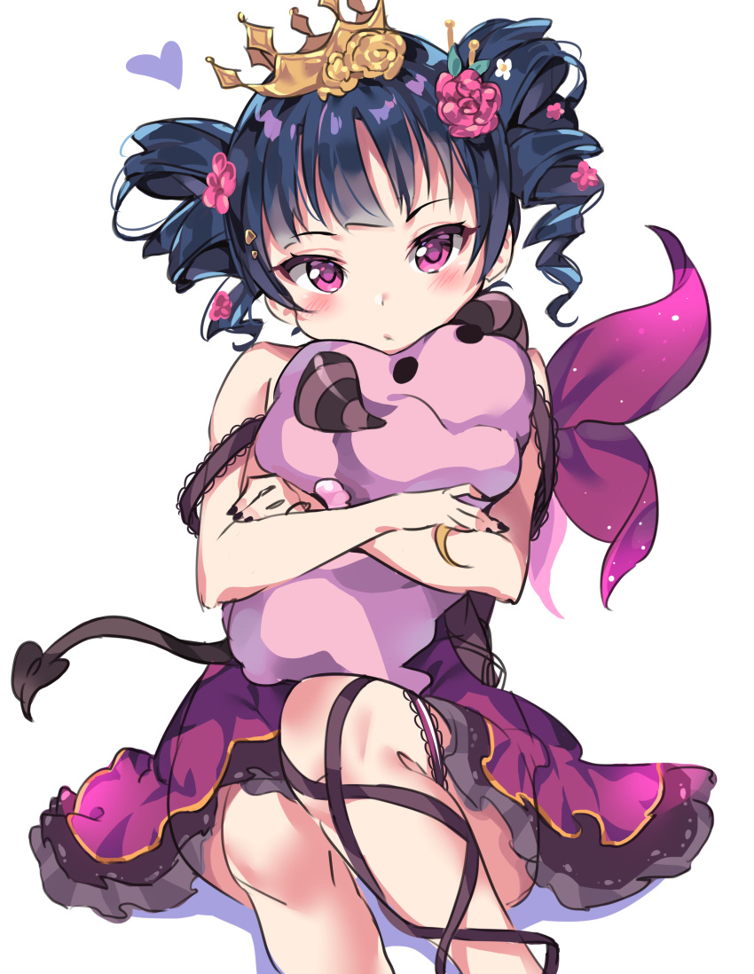 1girl absurdres alternate_hairstyle ankle_lace-up bangs black_nails black_ribbon blue_hair blush cross-laced_footwear crown demon_tail dress drill_hair flower hair_flower hair_ornament hair_stick heart highres leg_garter looking_at_viewer love_live! love_live!_school_idol_festival love_live!_sunshine!! nail_polish object_hug pink_flower ribbon simple_background sitting solo strap_slip stuffed_animal stuffed_sheep stuffed_toy tail tem10 tsushima_yoshiko twin_drills violet_eyes white_background white_flower