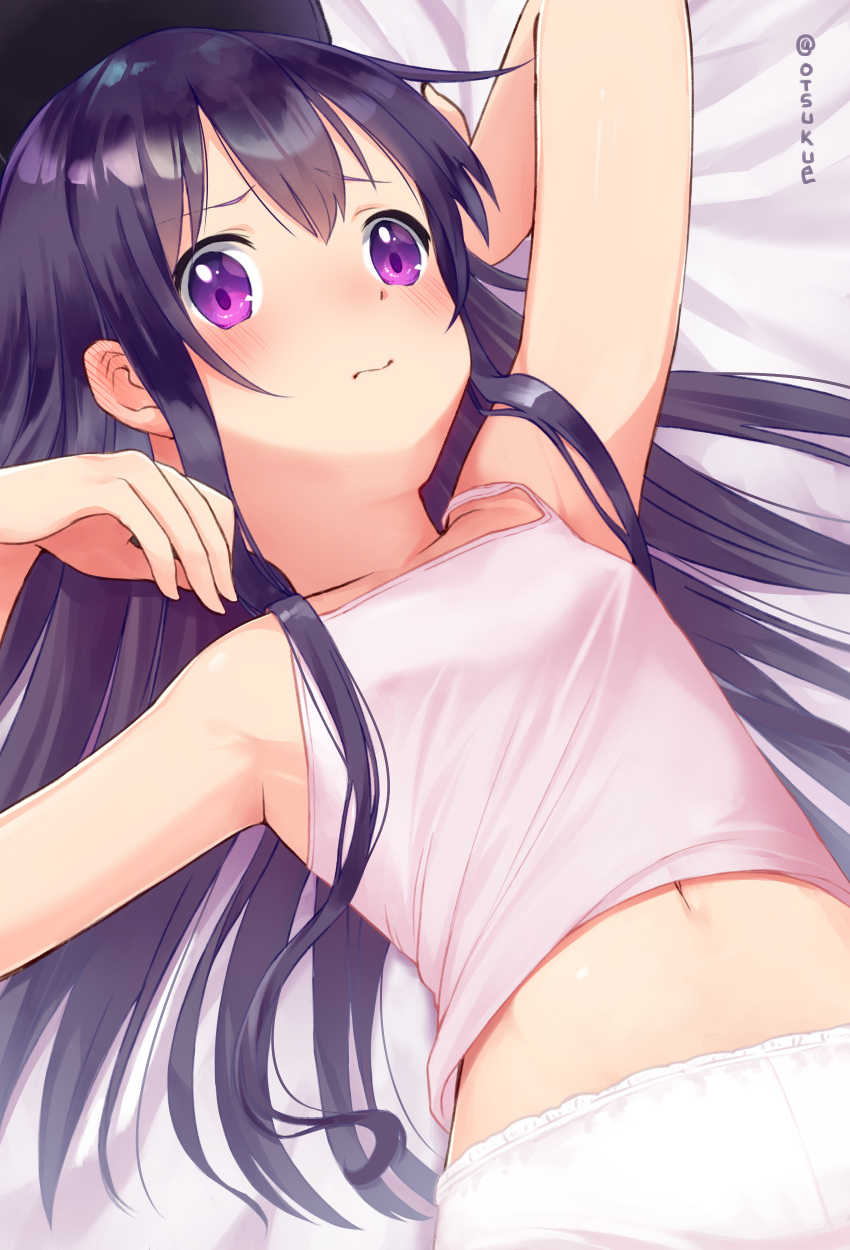 1girl 3: absurdres akatsuki_(kantai_collection) arm_up armpits bangs bare_arms bare_shoulders bed_sheet black_hat blush camisole closed_mouth collarbone dx_(dekusu) ear_blush eyebrows_visible_through_hair hair_between_eyes hand_up hat highres kantai_collection light_frown long_hair looking_at_viewer lying navel on_back panties pink_camisole purple_hair raised_eyebrows shiny shiny_hair solo spaghetti_strap stomach straight_hair twitter_username underwear underwear_only upper_body very_long_hair violet_eyes wavy_mouth white_panties