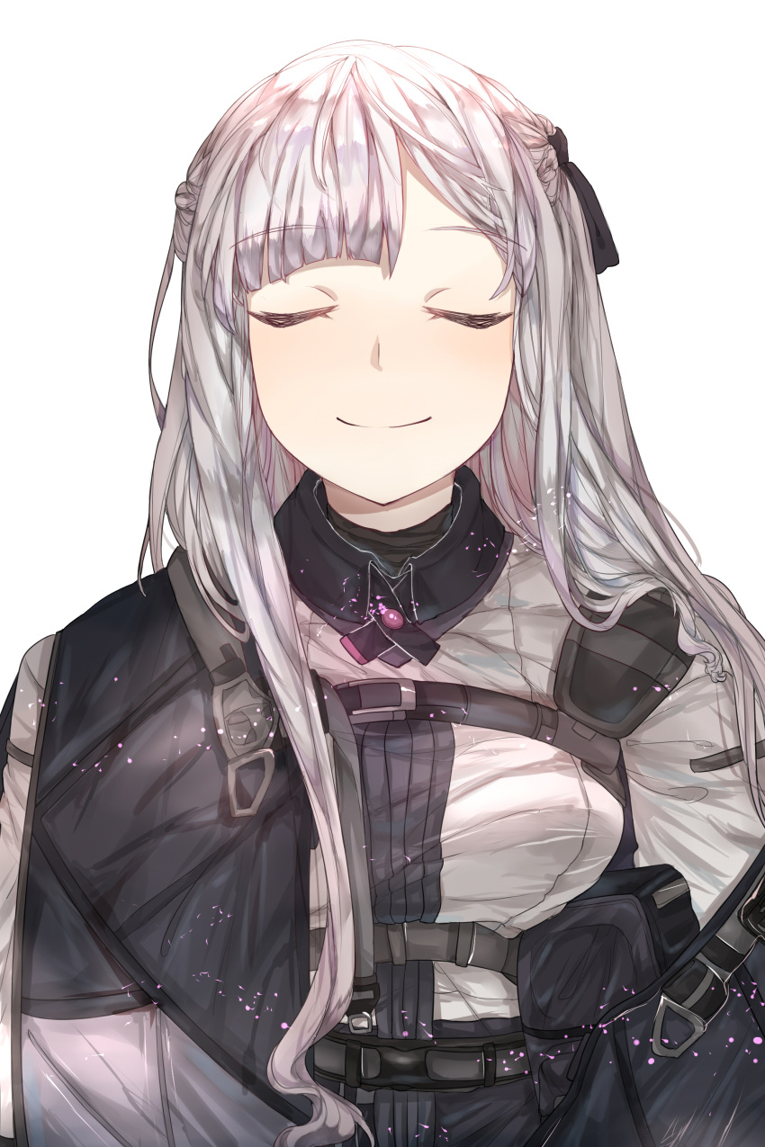 1girl absurdres ak-12_(girls_frontline) bangs blush braid breasts cloak closed_mouth eyebrows_visible_through_hair french_braid girls_frontline highres hobby jacket light_particles long_hair medium_breasts off_shoulder open_clothes pouch ribbon shirt sidelocks silver_hair simple_background smile solo strap tactical_clothes white_background