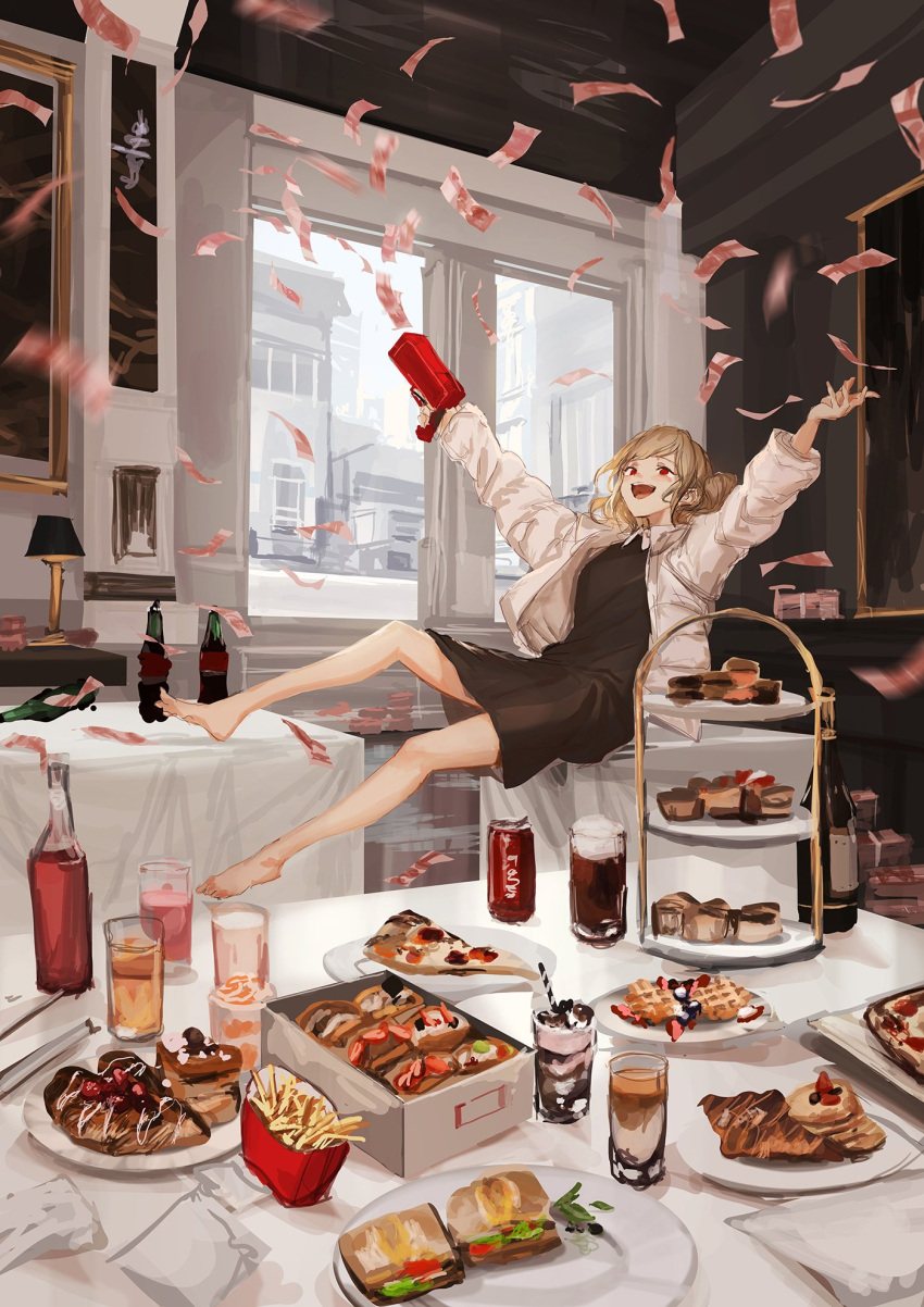 alcohol arms_up barefoot blonde_hair bottle collar firing food french_fries gun highres interior jacket jumping lm7_(op-center) midair money motion_blur original outstretched_arms pizza red_eyes spread_arms table tablecloth tiered_tray twintails weapon white_jacket wine_bottle