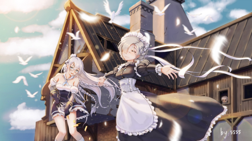 3girls 5555_96 apron artist_name azur_lane bangs belfast_(azur_lane) bird blue_eyes blue_sky blurry blurry_background blush bow braid breasts chains chimney cleavage closed_eyes clouds collar collarbone detached_sleeves dress edinburgh_(azur_lane) elbow_gloves eyebrows_visible_through_hair feathers floating_hair french_braid frills glasses gloves hair_bow half-closed_eyes highres house kneehighs large_breasts long_hair looking_at_viewer maid maid_headdress multiple_girls open_mouth outstretched_arms round_eyewear sheffield_(azur_lane) sidelocks silver_hair skirt_hold sky smile tearing_up thighs white_gloves wind wind_lift