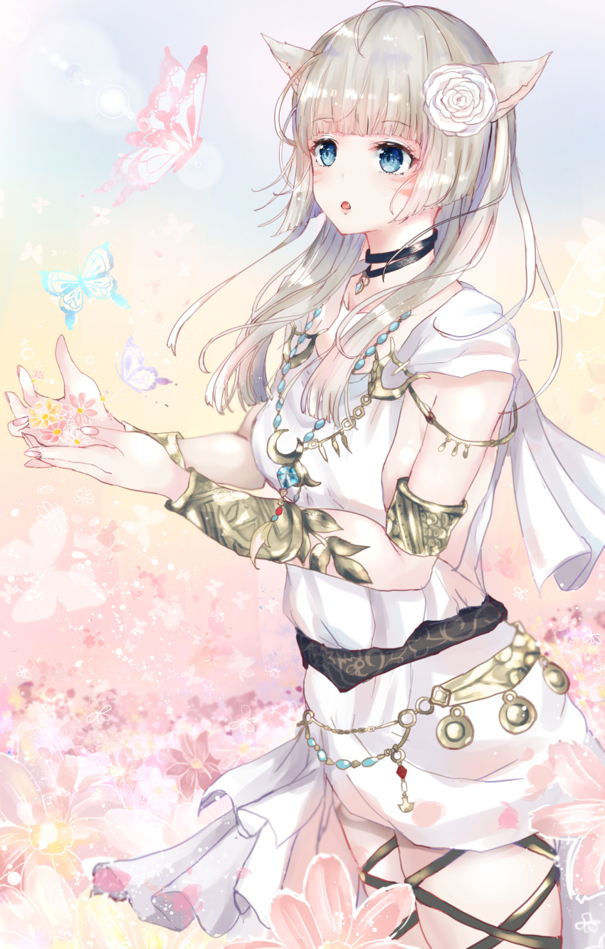1girl :o absurdres animal_ears bangs blue_eyes blunt_bangs blurry bug butterfly cat_ears depth_of_field fang final_fantasy final_fantasy_xiv flower hair_ornament highres insect looking_away miqo'te open_mouth rose sakura_mochiko sidelocks silver_hair solo white_flower white_rose