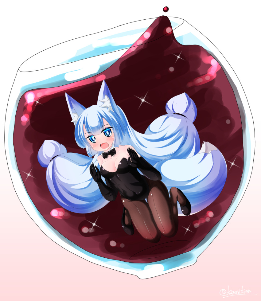 1girl alcohol animal_ears bangs bare_shoulders black_footwear black_gloves black_leotard black_neckwear blue_eyes blue_hair blush bow bowtie breasts brown_legwear bunny_girl cleavage collarbone commentary_request cup detached_collar drinking_glass elbow_gloves eyebrows_visible_through_hair fox_ears fox_girl fox_tail gloves gradient gradient_background highres in_container kanijiru leotard long_hair looking_at_viewer medium_breasts open_mouth original pantyhose pink_background shoes sidelocks solo sparkle strapless strapless_leotard submerged sweat tail twitter_username very_long_hair white_background white_collar wine wine_glass