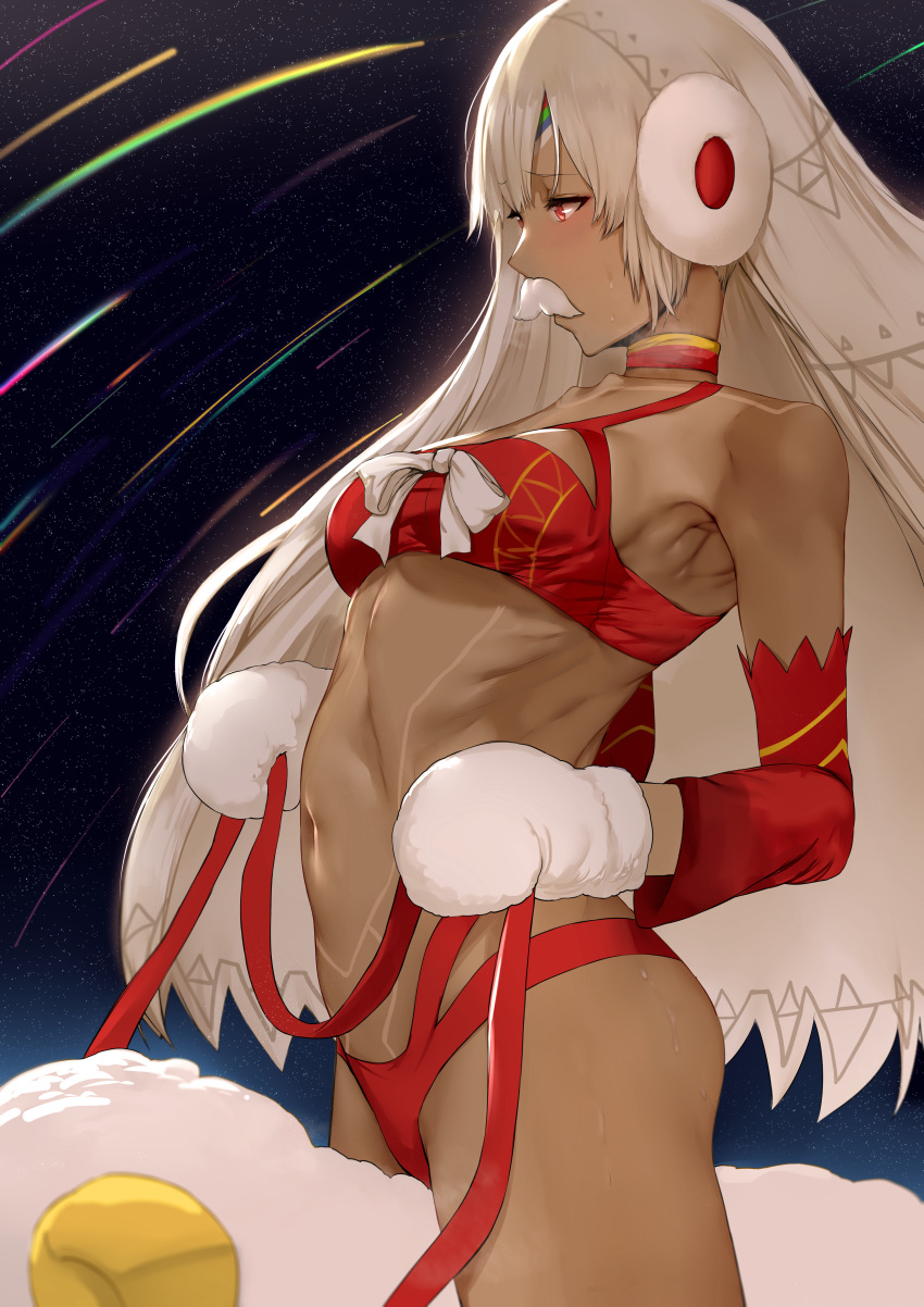 1girl absurdres altera_(fate) altera_the_santa facial_hair fate/grand_order fate_(series) from_side gloves hews_hack highres horns huge_filesize long_hair mustache red_eyes ribbon sheep sheep_horns white_gloves