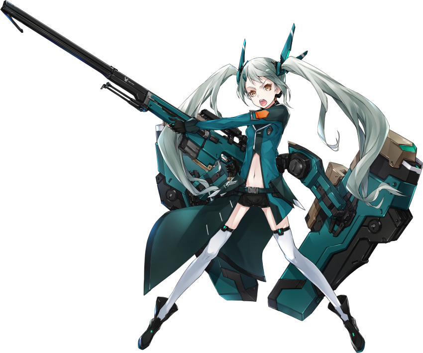 1girl absurdres black_gloves black_shorts crop_top fingerless_gloves floating_hair full_body gabriella_talinska gloves gun hair_ornament highres holding holding_gun holding_weapon kakuchou_shoujo-kei_trinary long_hair looking_at_viewer midriff navel neco open_mouth orange_eyes rifle short_shorts shorts silver_hair simple_background solo standing stomach thigh-highs twintails very_long_hair weapon white_background white_legwear