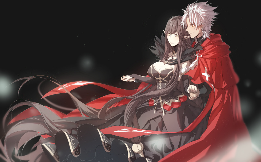 1boy 1girl amakusa_shirou_(fate) bangs black_dress black_shirt breasts bridal_gauntlets brown_eyes brown_hair cleavage closed_mouth commentary_request dress eyebrows_visible_through_hair fate/apocrypha fate_(series) fur_trim hand_holding highres hood hood_down hooded_robe large_breasts long_hair myo_ne parted_lips pointy_ears red_eyes red_robe robe semiramis_(fate) shirt sidelocks silver_hair smile very_long_hair