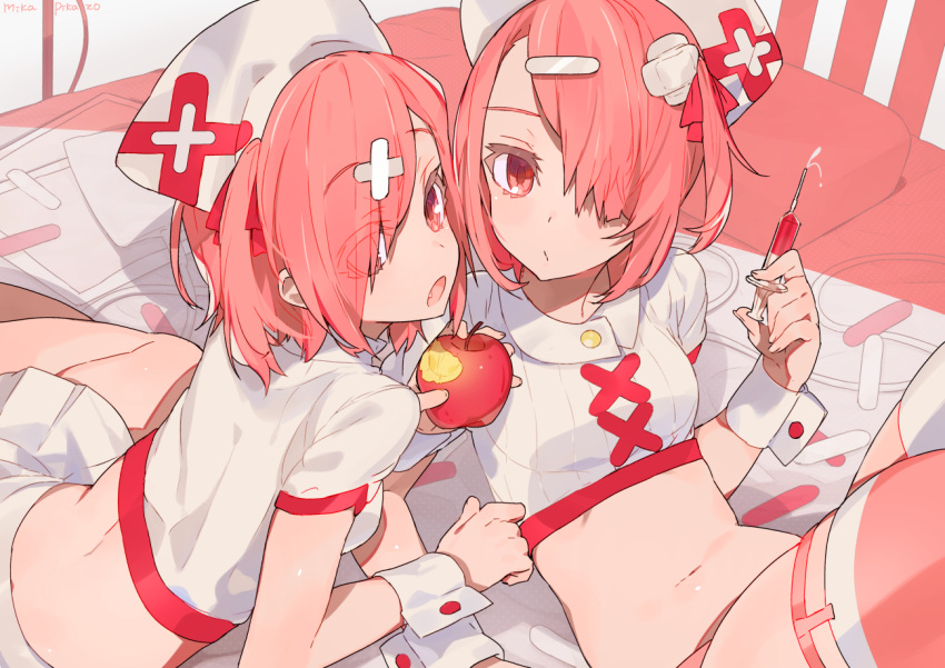 2girls apple artist_name bow breasts commentary_request crop_top crossed_bandaids eyes_visible_through_hair fang fingernails food fruit hair_bow hair_ornament hair_over_one_eye hairclip hat holding holding_syringe legs_up looking_at_viewer medium_breasts mika_pikazo multiple_girls navel one_side_up open_mouth original pink_hair pleated_skirt red_apple red_bow red_eyes shirt short_hair short_sleeves skirt syringe thigh-highs twins white_hat white_shirt wrist_cuffs