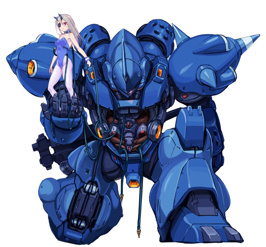 1girl absurdres blue_leotard cable choker commentary_request dofn eyepatch glowing glowing_eye grey_hair gun gundam gundam_0080 highres kampfer_(mobile_suit) leotard long_hair mecha pantyhose shotgun weapon white_background wrist_cuffs