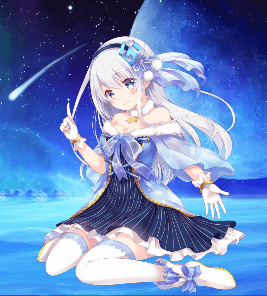 1girl black_dress black_hairband blue_eyes boots breasts choker cleavage comet dress eyebrows_visible_through_hair floating_hair gloves gomano_rio grand-design hair_between_eyes hair_ornament hairband head_tilt highres hiiragi_shiroha index_finger_raised layered_dress long_hair looking_at_viewer medium_breasts moon night outdoors short_dress silver_hair sky snowflake_necklace solo star_(sky) starry_sky striped thigh-highs vertical-striped_dress vertical_stripes white_footwear white_gloves white_legwear