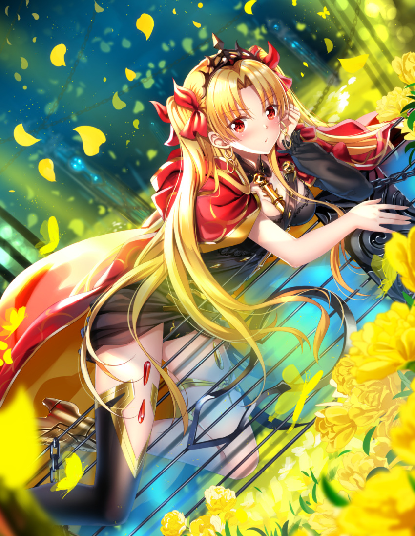 1girl animal arm_support asymmetrical_legwear asymmetrical_sleeves bangs birdcage black_collar black_dress black_legwear blonde_hair blurry blurry_background blush breasts bug butterfly cage cape chains cleavage closed_mouth commentary_request depth_of_field detached_collar dress dutch_angle earrings ereshkigal_(fate/grand_order) eyebrows_visible_through_hair fate/grand_order fate_(series) hair_ribbon highres hood hood_down hooded_cape infinity insect jewelry long_hair long_sleeves looking_at_viewer lying medium_breasts multicolored multicolored_cape multicolored_clothes on_stomach parted_bangs petals red_cape red_eyes red_ribbon ribbon single_sleeve single_thighhigh skull solo spine swordsouls thigh-highs tiara tohsaka_rin two_side_up very_long_hair yellow_cape
