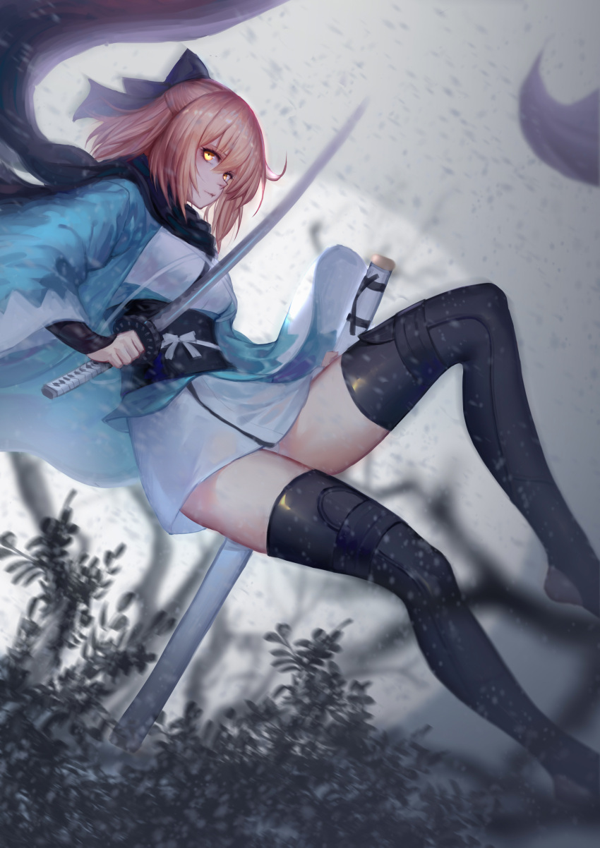 1girl absurdres black_bow black_legwear black_scarf blonde_hair blurry blurry_background blurry_foreground bow breasts depth_of_field fate_(series) glowing glowing_eyes hair_between_eyes hair_bow half_updo highres holding holding_sword holding_weapon japanese_clothes katana kimono koha-ace long_sleeves looking_at_viewer medium_breasts medium_hair midair motion_blur okita_souji_(fate) outdoors panties pantyshot pre_(17194196) scarf sheath shiny shiny_hair solo stirrup_legwear sword thigh-highs thighs tree underwear unsheathed weapon white_kimono white_panties wide_sleeves yellow_eyes
