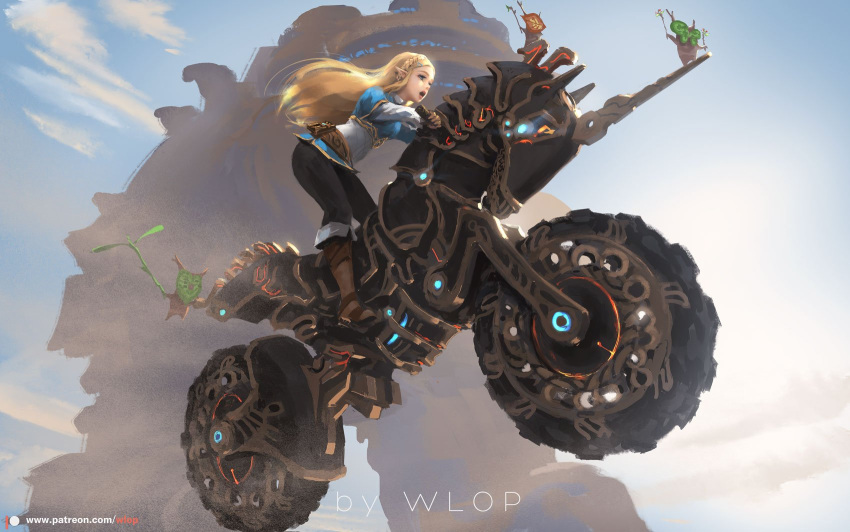 1girl bicycle blonde_hair blue_eyes earrings full_body gloves ground_vehicle hair_ornament highres jewelry long_hair motor_vehicle motorcycle open_mouth pointy_ears princess_zelda smile solo the_legend_of_zelda the_legend_of_zelda:_breath_of_the_wild vehicle wlop