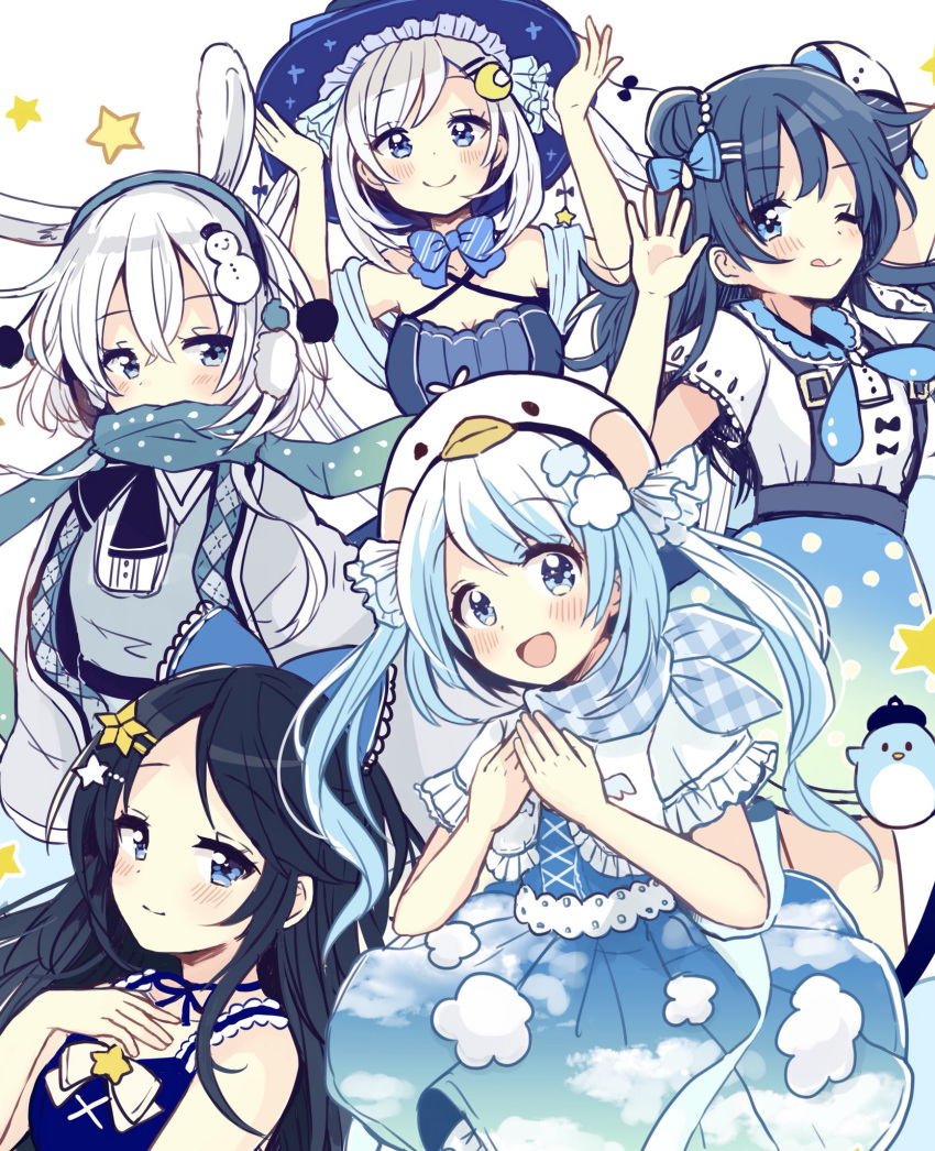 5girls :d ;q animal_ears animal_hat argyle arms_up bangs bare_shoulders blue_bow blue_dress blue_eyes blue_hair blue_hat blue_ribbon blue_scarf blue_skirt blush bow breasts cleavage closed_mouth cloud_print commentary_request covered_mouth crescent crescent_hair_ornament criss-cross_halter dress earmuffs eyebrows_visible_through_hair grey_shirt hair_between_eyes hair_bow hair_bun hair_ornament hair_ribbon hairclip halterneck hat head_tilt highres long_hair medium_breasts multiple_girls neck_ribbon one_eye_closed open_mouth original penguin_hat polka_dot polka_dot_scarf polka_dot_skirt print_dress rabbit_ears ribbon sakura_oriko scarf shirt short_sleeves side_bun silver_hair simple_background skirt smile snowman_hair_ornament star star_hair_ornament suspender_skirt suspenders tongue tongue_out twintails white_background white_ribbon white_shirt wide_sleeves