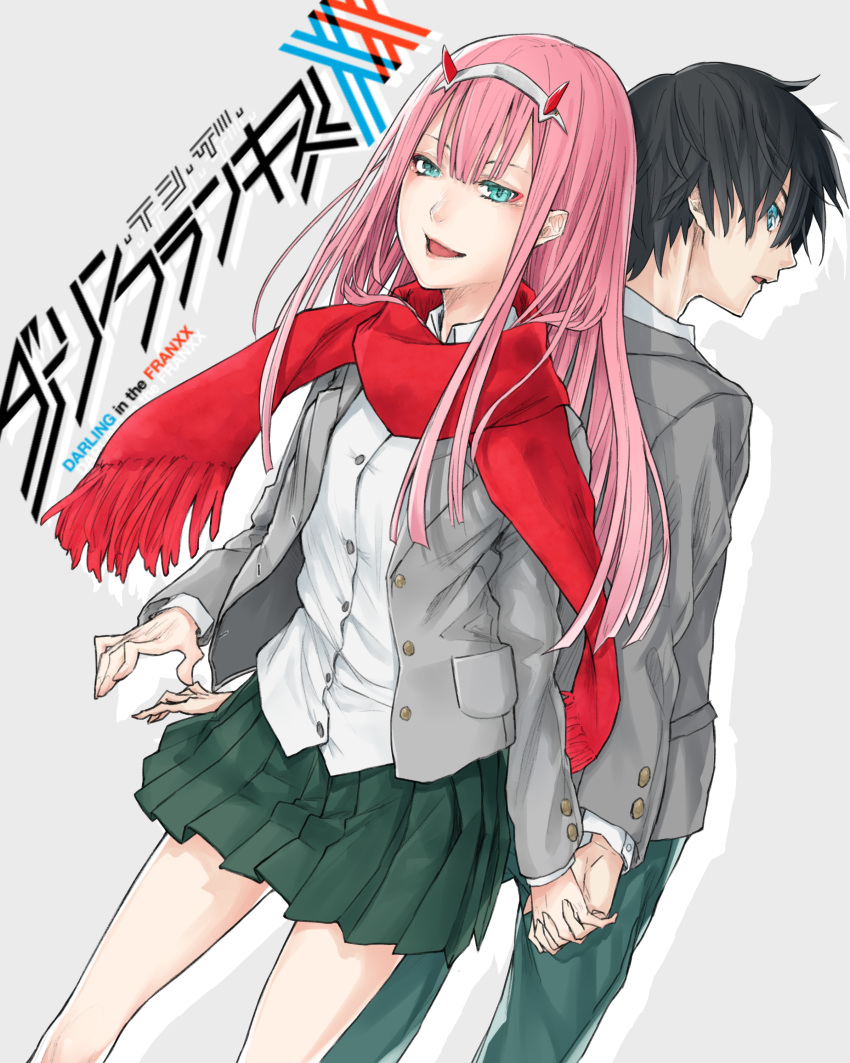 1boy 1girl absurdres back-to-back black_hair blue_eyes couple darling_in_the_franxx green_eyes green_pants green_skirt grey_jacket hand_holding highres hiro_(darling_in_the_franxx) horns jacket long_hair looking_back oni_horns open_clothes open_jacket pants pink_hair red_scarf scarf school_uniform short_hair skirt trulymoon zero_two_(darling_in_the_franxx)