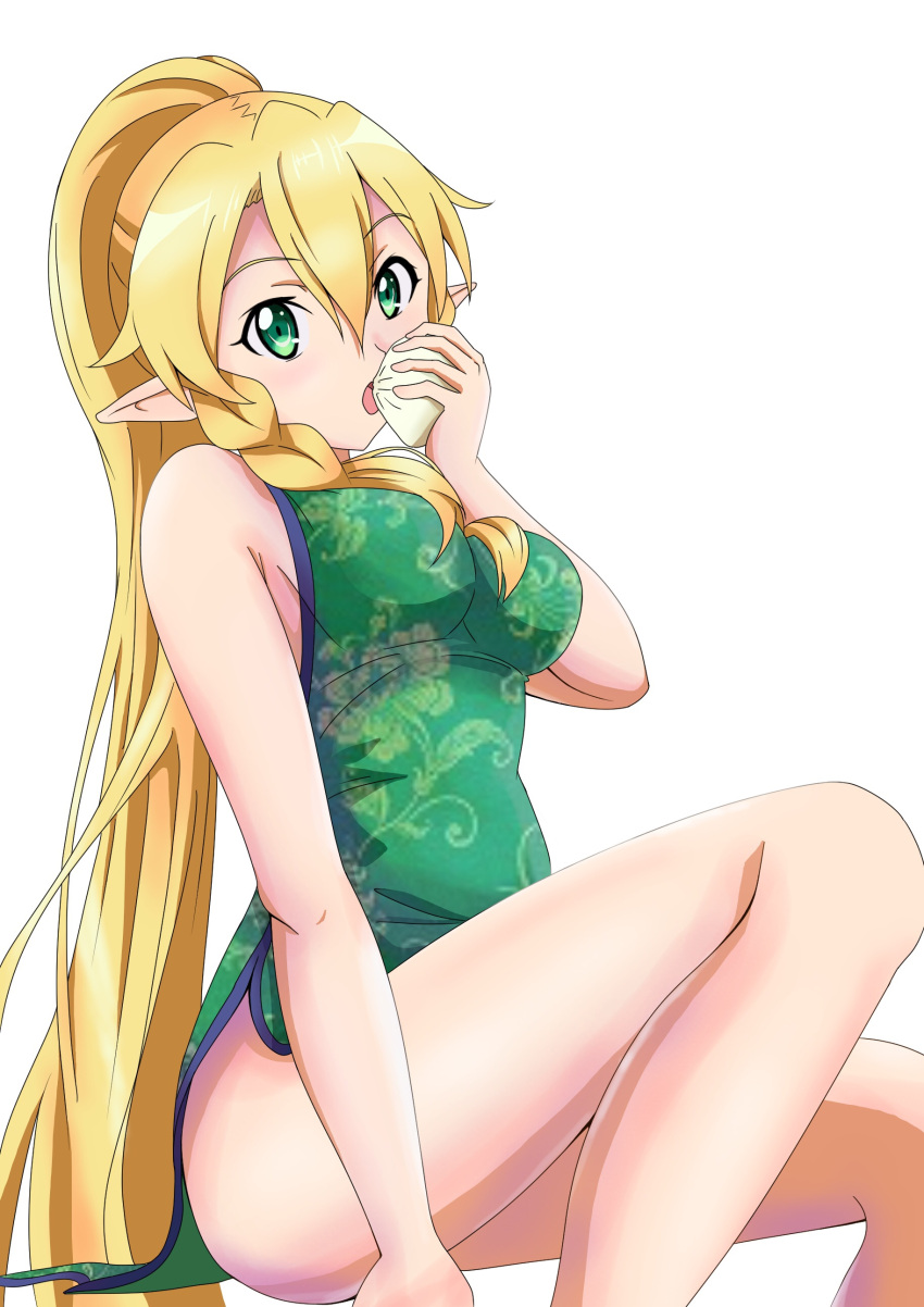 1girl absurdres blonde_hair breasts china_dress chinese_clothes dress eating eyebrows_visible_through_hair food freekenji422 green_dress green_eyes hair_between_eyes high_ponytail highres holding holding_food leafa long_hair looking_at_viewer medium_breasts open_mouth pointy_ears short_dress sideboob simple_background sitting sleeveless sleeveless_dress solo sword_art_online very_long_hair white_background