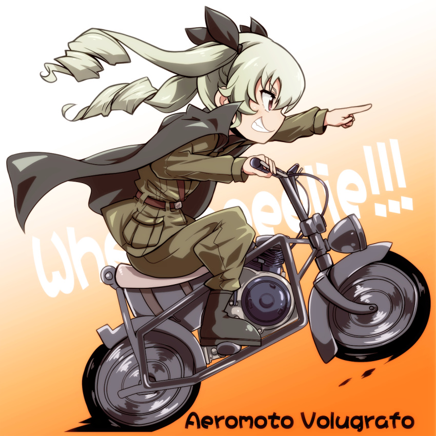 1girl anchovy anzio_military_uniform bangs belt black_cape black_footwear black_ribbon boots brown_belt cape drill_hair driving eyebrows eyebrows_visible_through_hair from_side full_body girls_und_panzer gradient gradient_background green_hair green_pants green_shirt grin ground_vehicle hair_between_eyes hair_ribbon highres index_finger_raised leaning leaning_forward long_hair long_sleeves military military_uniform motor_vehicle motorcycle multicolored multicolored_background orange_background pants pocket red_eyes ribbon shirt sideways_mouth sitting smile solo strap tom_(drpow) twin_drills uniform v-shaped_eyebrows wheelie white_background
