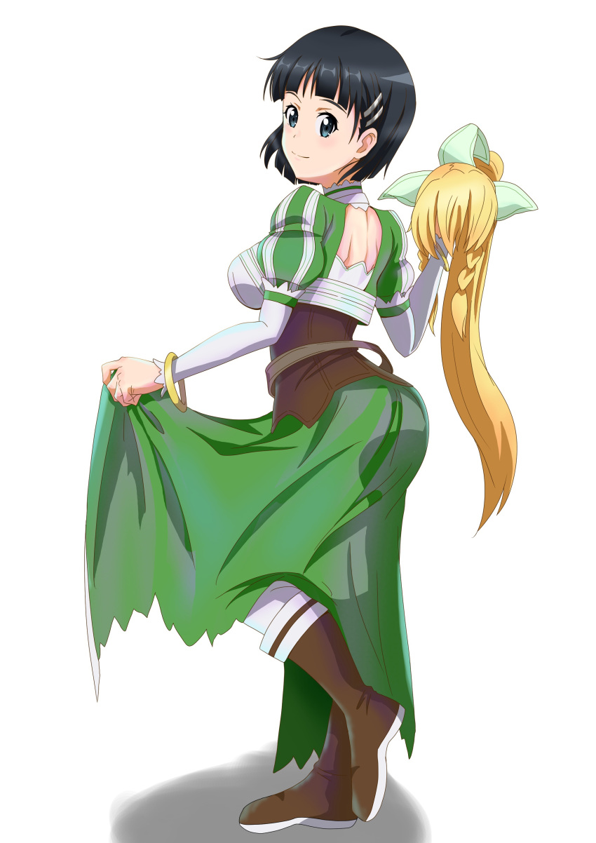 1girl absurdres black_eyes black_hair bracelet brown_footwear corset cosplay detached_sleeves freekenji422 from_side full_body hair_ornament hairclip highres holding jewelry kirigaya_suguha leafa leafa_(cosplay) long_skirt looking_at_viewer one_leg_raised short_hair skirt skirt_hold smile solo standing standing_on_one_leg sword_art_online