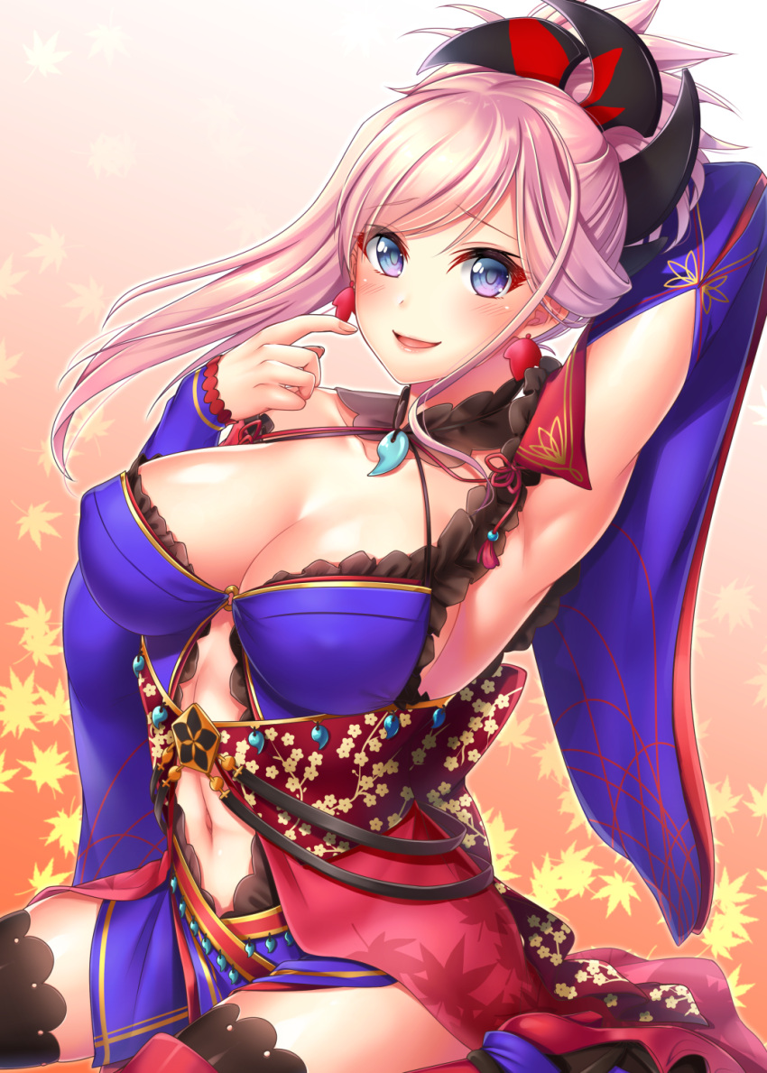 1girl :d arm_behind_back arm_up armpits asymmetrical_hair bangs black_legwear blue_eyes blue_kimono blush breasts center_opening cleavage covered_nipples detached_sleeves earrings eyelashes fate/grand_order fate_(series) frilled_kimono frills highres japanese_clothes jewelry kimono large_breasts leaf leaf_background long_hair long_sleeves looking_at_viewer magatama miyamoto_musashi_(fate/grand_order) navel obi open_mouth pink_hair pointing pointing_at_self ponytail red_ribbon ribbon sash sitting sleeves_past_wrists smile solo swept_bangs tassel thigh-highs yuzutosen