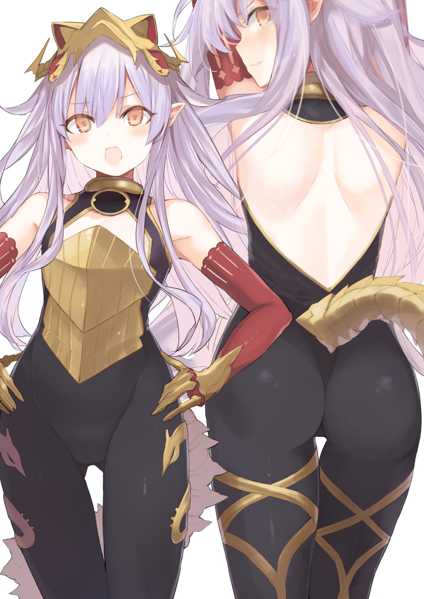 1girl :o arms_up ass ass_visible_through_thighs bangs bare_shoulders black_bodysuit blush bodysuit breastplate closed_mouth cowboy_shot detached_sleeves elbow_gloves eyebrows_visible_through_hair flat_chest frown gloves granblue_fantasy hands_on_hips highres lavender_hair long_hair long_sleeves looking_at_viewer looking_back medusa_(shingeki_no_bahamut) multiple_views nanananana open_mouth pink_hair pointy_ears shingeki_no_bahamut simple_background skin_tight standing straight_hair tail tearing_up tears thigh_gap v-shaped_eyebrows very_long_hair white_background yellow_gloves