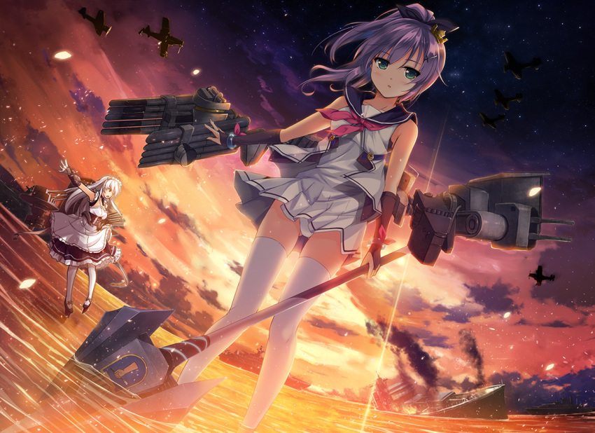 2girls aircraft airplane apron arm_guards ass_visible_through_thighs azur_lane backlighting bangs bare_shoulders belfast_(azur_lane) black_dress black_ribbon blue_eyes blush breasts clouds commentary_request crown dawn dress dutch_angle elbow_gloves evening eyebrows_visible_through_hair frilled_dress frills gloves gradient_sky green_eyes hair_ornament hair_ribbon hairclip holding holding_weapon horizon huge_weapon javelin_(azur_lane) light_particles long_hair looking_at_viewer medium_breasts military military_vehicle mini_crown multiple_girls neckerchief ocean outstretched_arm panties pantyhose pink_neckwear polearm ponytail purple_hair remodel_(azur_lane) ribbon rigging ryoumoto_ken ship shipwreck shirt silver_hair sinking skirt sky sleeveless sleeveless_shirt smoke spear sunlight sunset thigh-highs torpedo_tubes underwear wading waist_apron warship water watercraft weapon white_apron white_gloves white_legwear white_shirt white_skirt wind