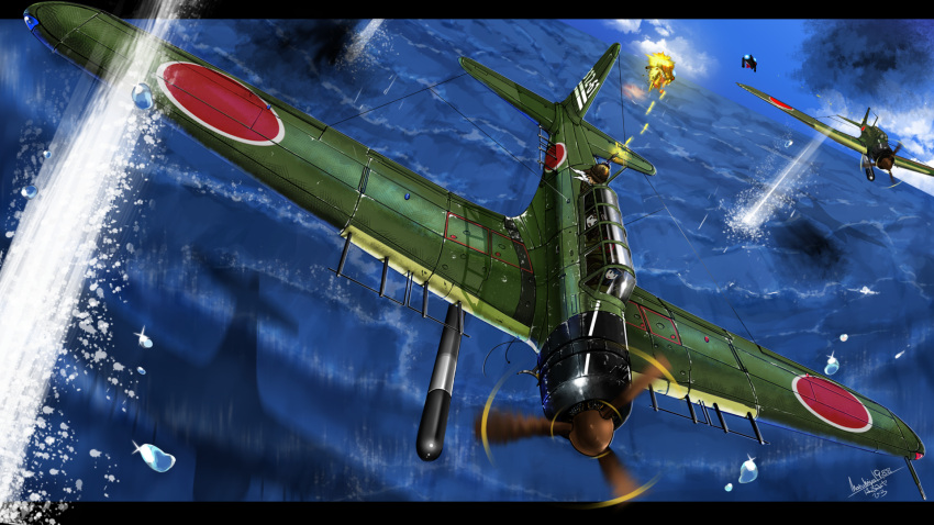 3girls aircraft airplane day enemy_aircraft_(kantai_collection) fairy_(kantai_collection) flying gun harumiya_hiro highres kantai_collection machine_gun multiple_girls ocean outdoors shinkaisei-kan sky torpedo waves weapon