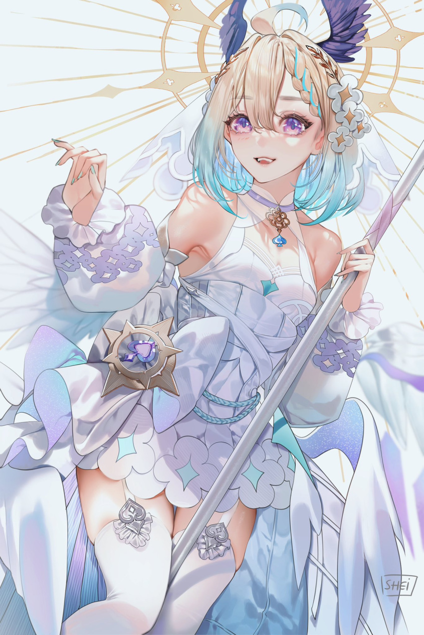 1girl aqua_nails bird_girl blonde_hair blue_hair blush bob_cut boots breasts crystal_wings dress enna_alouette ethyria flower frilled_dress frills garter_straps gradient_hair hair_flower hair_ornament halo highres knee_boots looking_afar multicolored_eyes multicolored_hair nail_polish nijisanji nijisanji_en official_alternate_costume pleated_dress puffy_sleeves shei99 short_hair signature simple_background small_breasts smile solo staff thigh-highs veil violet_eyes virtual_youtuber waist_cape white_background white_dress white_flower white_footwear white_thighhighs yellow_eyes