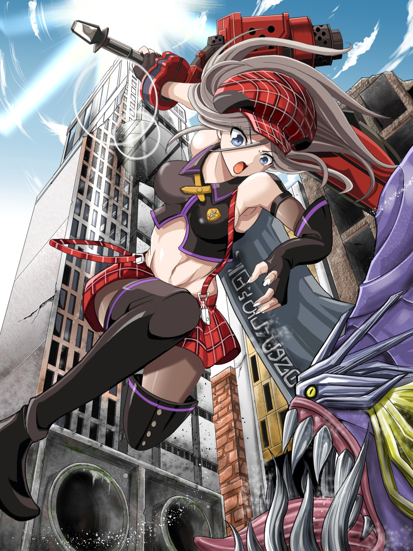 1girl :d alisa_ilinichina_amiella armpits asymmetrical_gloves black_footwear black_gloves blue_eyes blue_sky boots breasts brown_hair clouds crop_top day elbow_gloves eyebrows_visible_through_hair fighting fingerless_gloves floating_hair from_below gloves god_eater groin hair_between_eyes hat highres holding holding_weapon lens_flare long_hair medium_breasts midriff miniskirt monster nao3675 navel open_mouth outdoors red_hat red_skirt sideboob skirt sky smile stomach sun suspender_skirt suspenders suspenders_slip thigh-highs thigh_boots weapon