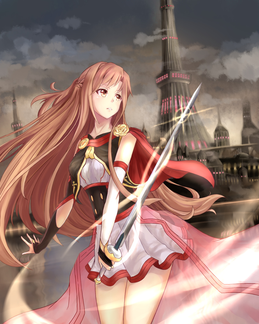 1girl absurdres asuna_(sao) asymmetrical_sleeves bridal_gauntlets brown_eyes brown_hair capelet clouds cloudy_sky cowboy_shot detached_sleeves floating_hair highres holding holding_sword holding_weapon long_hair miniskirt outdoors parted_lips pink_cape pleated_skirt rapier red_capelet see-through skirt sky solo standing sword sword_art_online tower very_long_hair waist_cape weapon white_skirt
