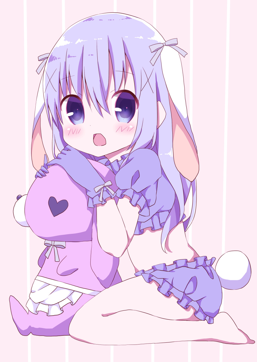 1girl absurdres animal_ears bangs barefoot blue_gloves blue_hair blue_shorts blush bow bunny_girl bunny_tail commentary_request crop_top ears_down eyebrows_visible_through_hair floppy_ears frilled_shorts frills gloves gochuumon_wa_usagi_desu_ka? hair_between_eyes hair_bow hair_ornament hamada_pengin hands_up highres kafuu_chino long_hair looking_at_viewer looking_to_the_side open_mouth puffy_short_sleeves puffy_sleeves purple_bow rabbit_ears short_shorts short_sleeves shorts sidelocks sitting solo striped striped_background stuffed_animal stuffed_bunny stuffed_toy tail vertical-striped_background vertical_stripes very_long_hair violet_eyes wariza x_hair_ornament