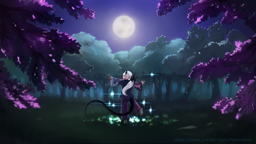 1girl barefoot forest full_moon highres horns long_hair looking_at_viewer looking_back moon nature night open_mouth original outdoors paintrfiend patreon_username pointy_ears ponytail red_eyes solo standing standing_on_one_leg tail watermark web_address white_hair wide_sleeves