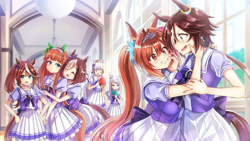 6+girls animal_ears annoyed arm_grab asymmetrical_docking ball blue_eyes book bow braid breast_press breasts brown_eyes brown_hair cheek_pinching clenched_teeth closed_eyes commentary_request daiwa_scarlet fang fighting french_braid gold_ship hair_bow hair_intakes hair_over_one_eye hairband hallway hands_on_hips hands_together hat highres horse_ears horse_tail hug indoors kamiya_zuzu long_hair mejiro_mcqueen motion_blur multiple_girls open_mouth paddle pinching ponytail purple_shirt reading ribbon school_uniform serafuku shirt short_hair silence_suzuka silver_hair skirt smile special_week table_tennis_ball table_tennis_paddle tail teeth thigh-highs tiara tokai_teio umamusume v_arms very_long_hair violet_eyes vodka_(umamusume) white_legwear white_skirt window