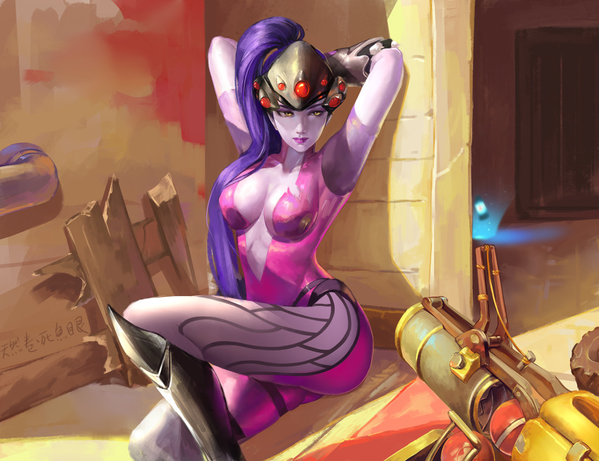 1boy 1girl arms_behind_head bodysuit breasts center_opening cowboy_shot day earrings eyeliner grenade_launcher hair_pulled_back head_mounted_display highres jewelry light_smile lin_shenshi lipstick long_hair looking_at_viewer makeup medium_breasts nose one_leg_raised outdoors overwatch pauldrons pink_bodysuit ponytail pov purple_hair purple_lips purple_lipstick purple_skin shiny shiny_clothes short_sleeves sitting solo_focus stud_earrings torn_bodysuit torn_clothes visor weapon widowmaker_(overwatch) yellow_eyes